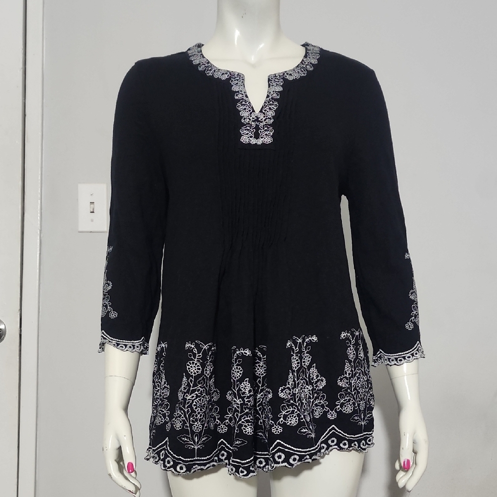 Charter Club Black Tunic with White Embroidery